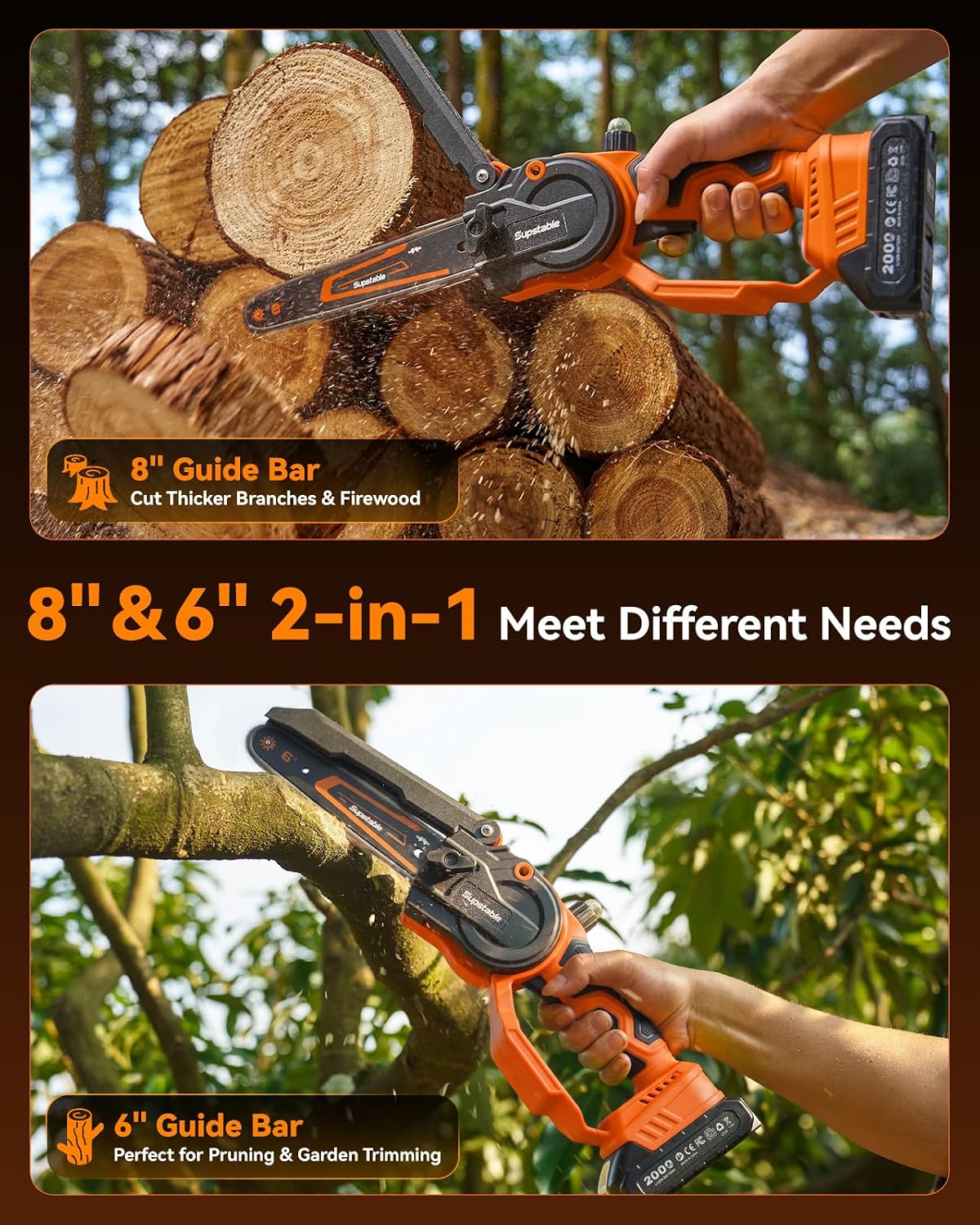 Cordless Mini Chainsaw – 6" & 8" Brushless Electric Chainsaw with 2 Batteries