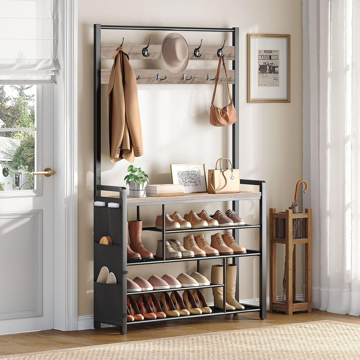 Entryway Hall Tree with Shoe Bench, Coat Hooks & 5-Tier Shoe Rack –
