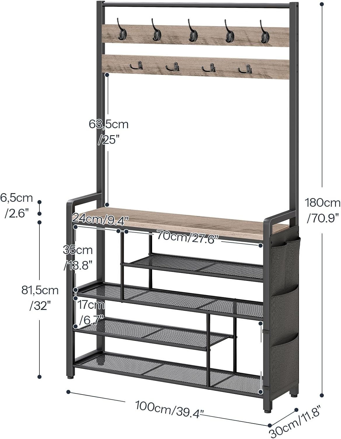 Entryway Hall Tree with Shoe Bench, Coat Hooks & 5-Tier Shoe Rack –