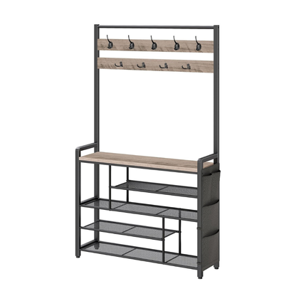 Entryway Hall Tree with Shoe Bench, Coat Hooks & 5-Tier Shoe Rack –