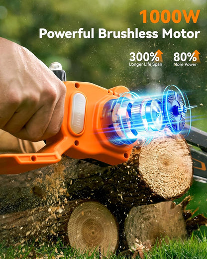 Cordless Mini Chainsaw – 6" & 8" Brushless Electric Chainsaw with 2 Batteries