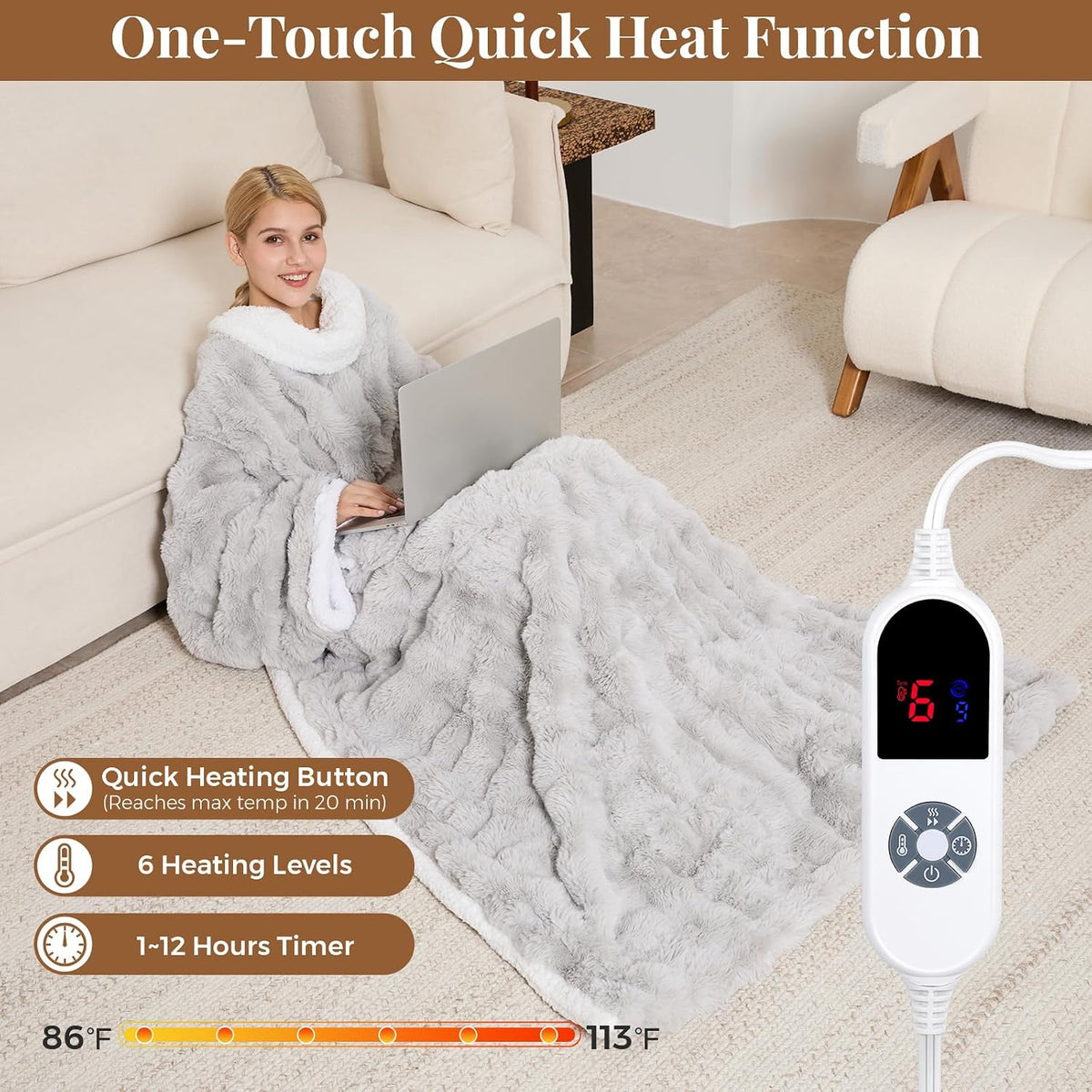 Wearable Heated Blanket with Sleeves & Foot Pockets