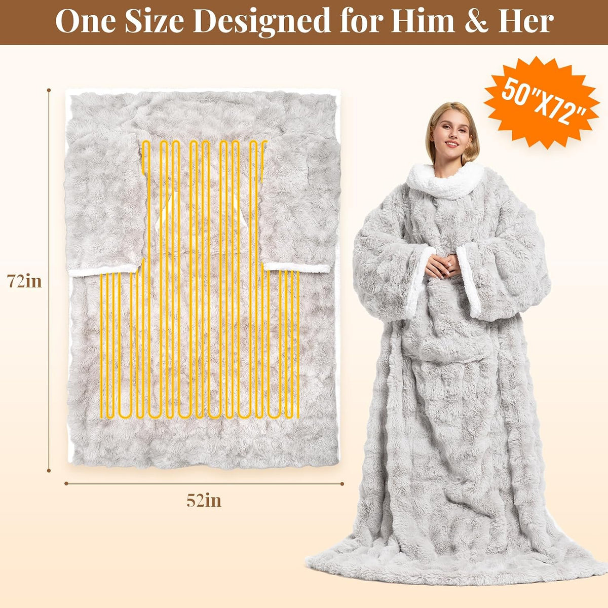 Wearable Heated Blanket with Sleeves & Foot Pockets